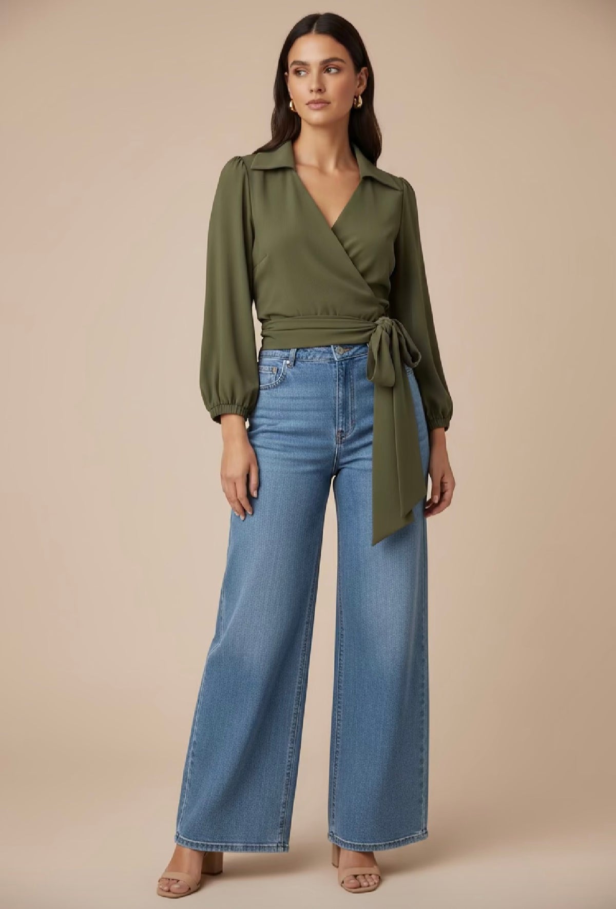 Olive Green Wrap Blouse with Tie Waist – Elegant Long Sleeve Women’s Top