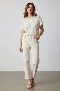 Ivory Textured Knit Blouse | Elegant Floral Detail Women’s Top