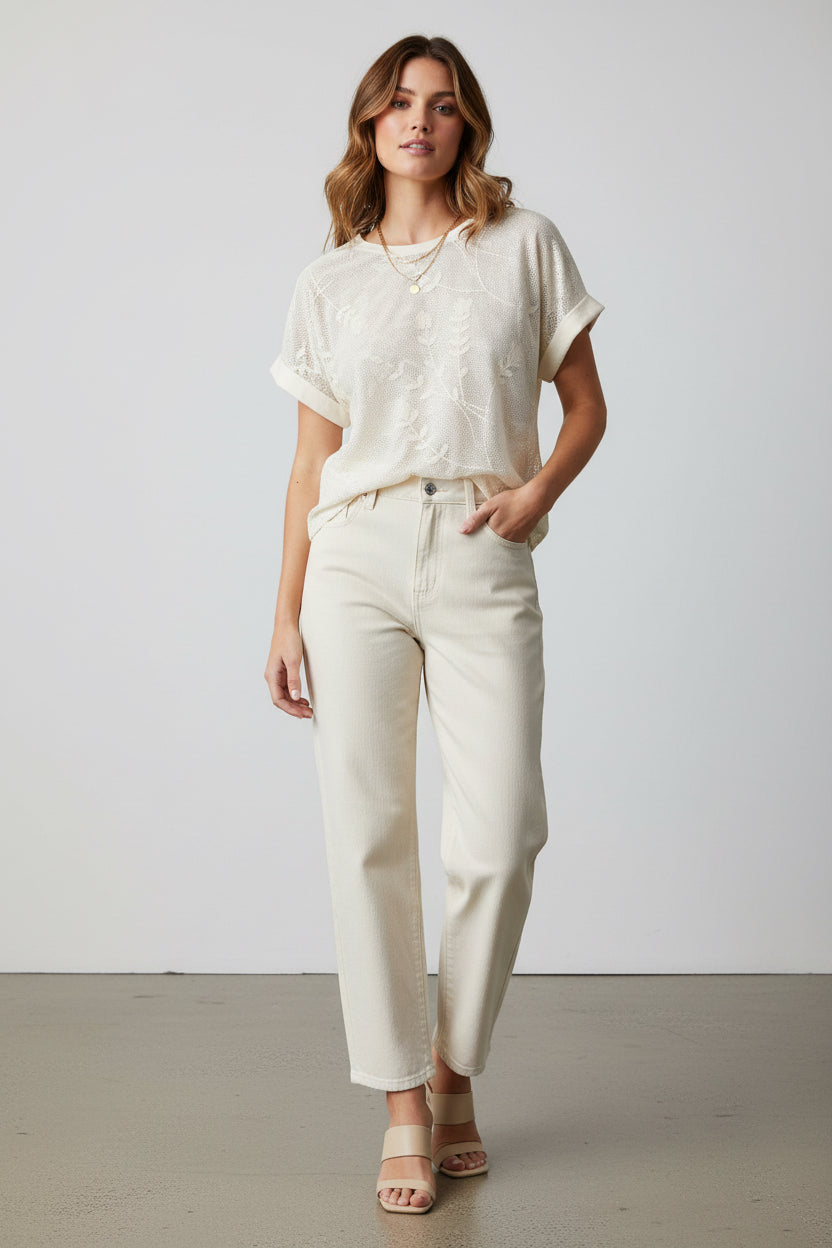 Ivory Textured Knit Blouse | Elegant Floral Detail Women’s Top