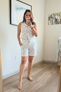 Blue & White Embroidered Two Piece Set for Women – Sleeveless Button Top & High Waist Shorts